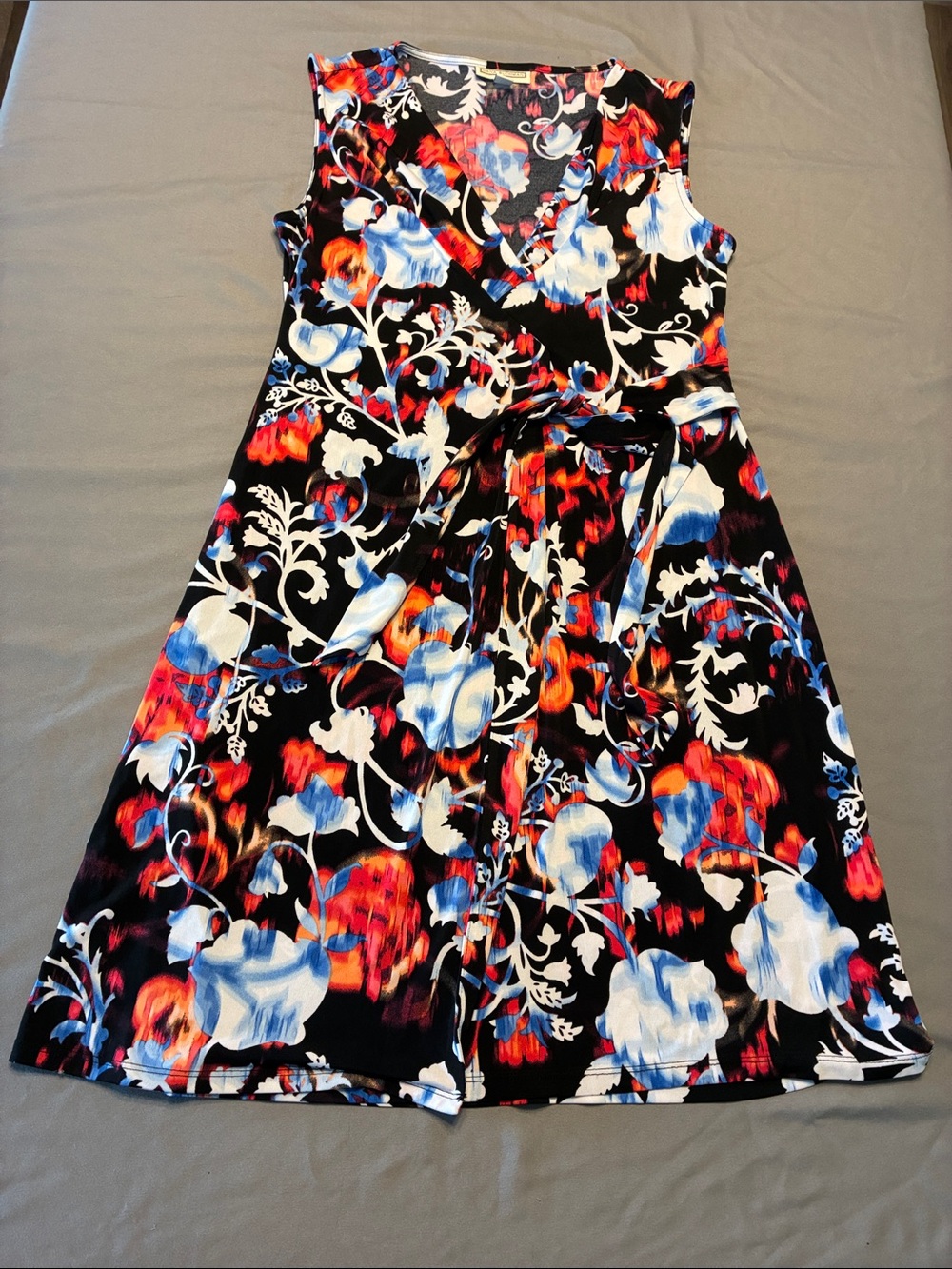 Dana Buchman Black A-Line Dress with Blue & Red Floral Print